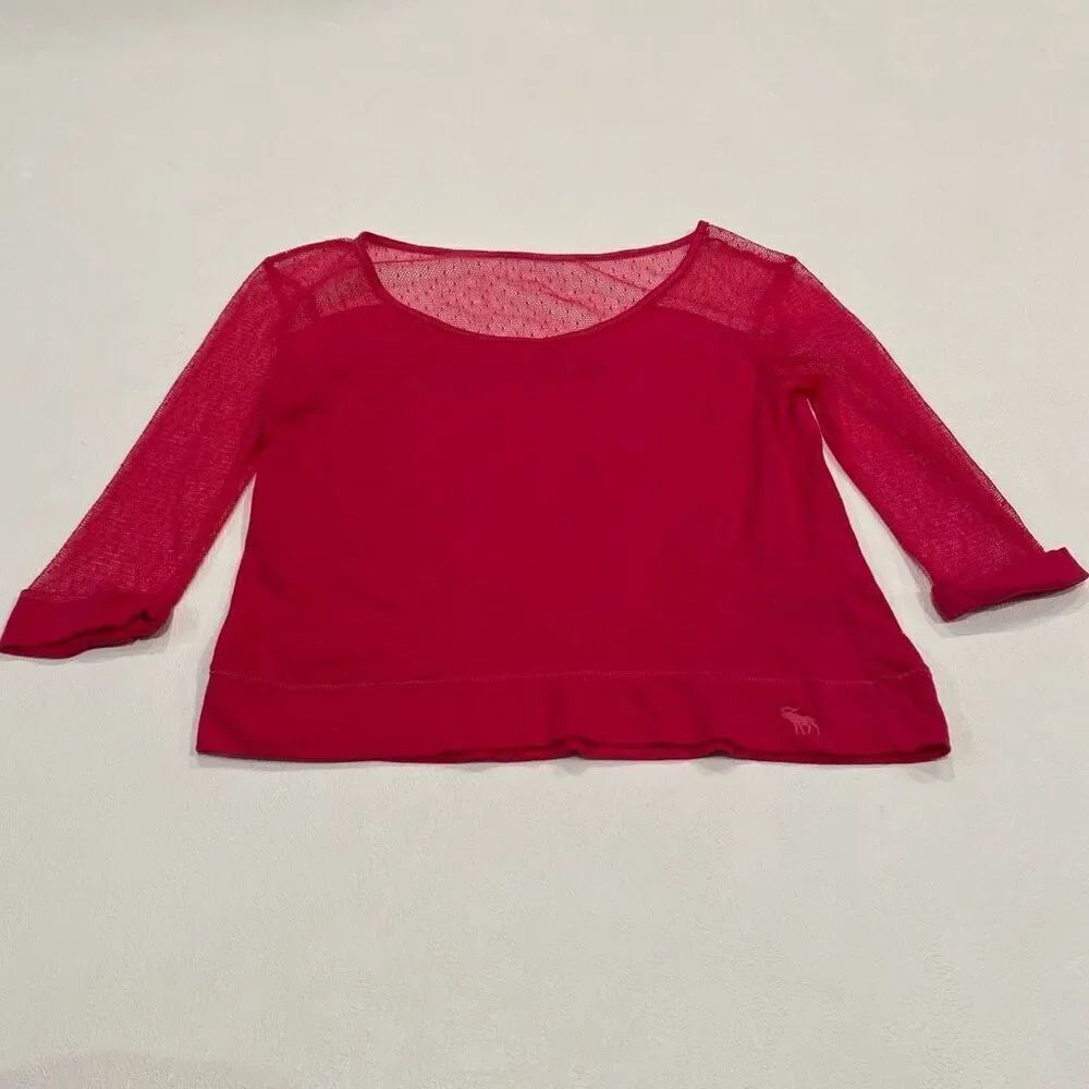 Abercrombie Kids Red Mesh Sleeve Top L | Girls Long Sleeve Sheer Detail Shirt